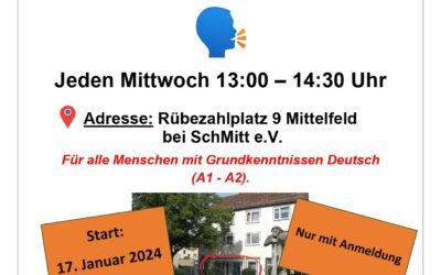 NEUSTART: Deutschkurs im Rübezahltreff ab 17. Januar jeden Mittwoch von 13.00 – 14.00 Uhr.