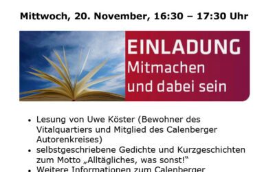 Mittwoch, 20. November, 16.30 – 17.30Uhr „Lesung: Alltägliches, was sonst!“