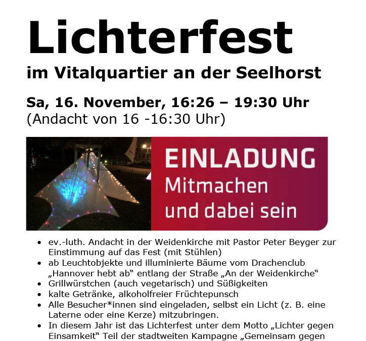 Samstag, 16. November, 16.26 – 19.00 Uhr – Lichterfest im Vitalquartier