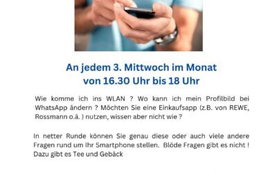 Handy Fragestunde für Anfänger und Senioren, An jedem 3. Mittwoch im Monat, 16:30 – 18.00 Uhr