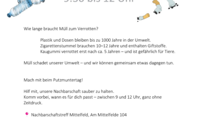 Samstag, 21. März, 09.30 – 12.00 Uhr – Putzmunter – Müllsammelaktion